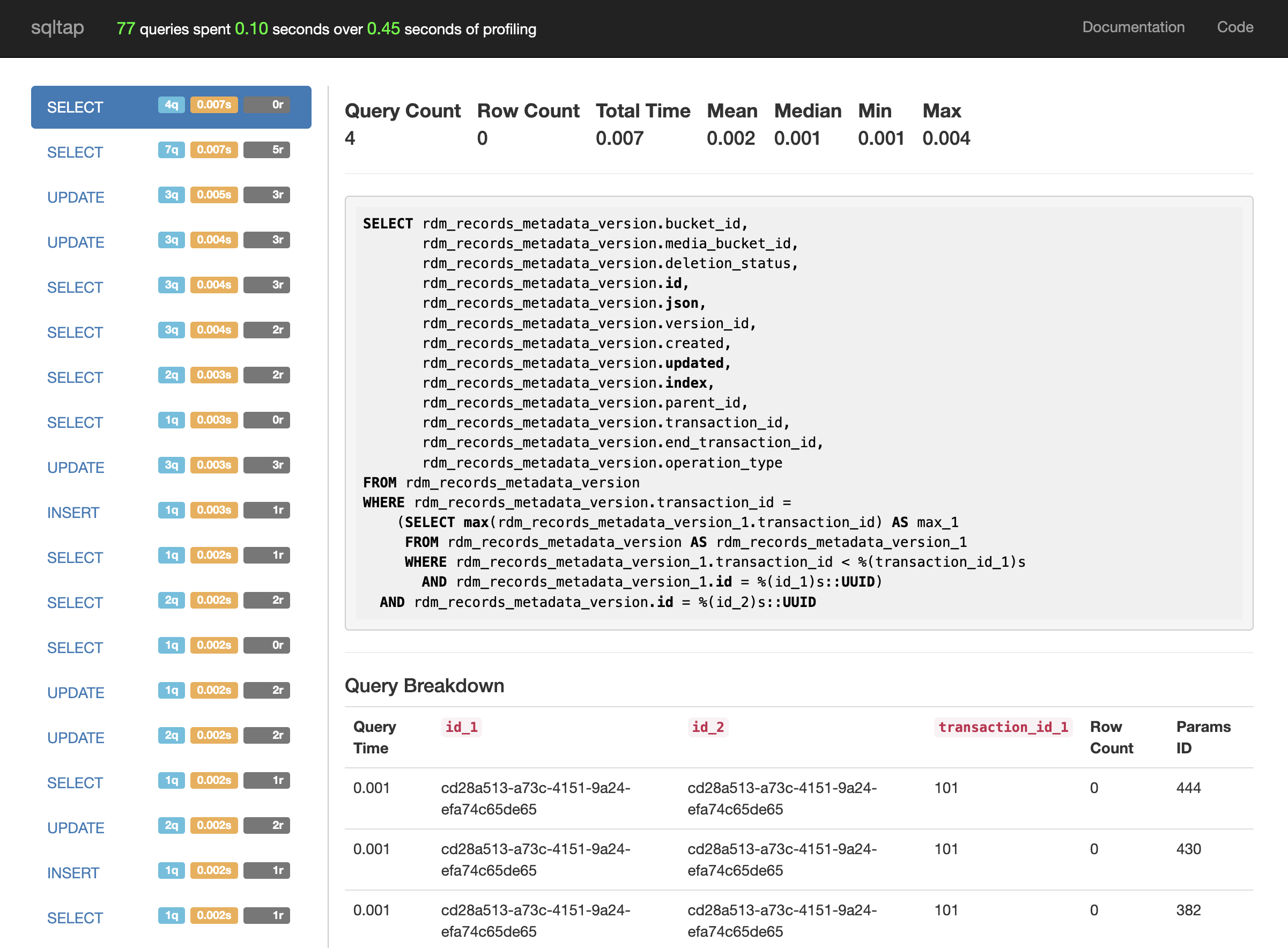 SQL profiling screenshot