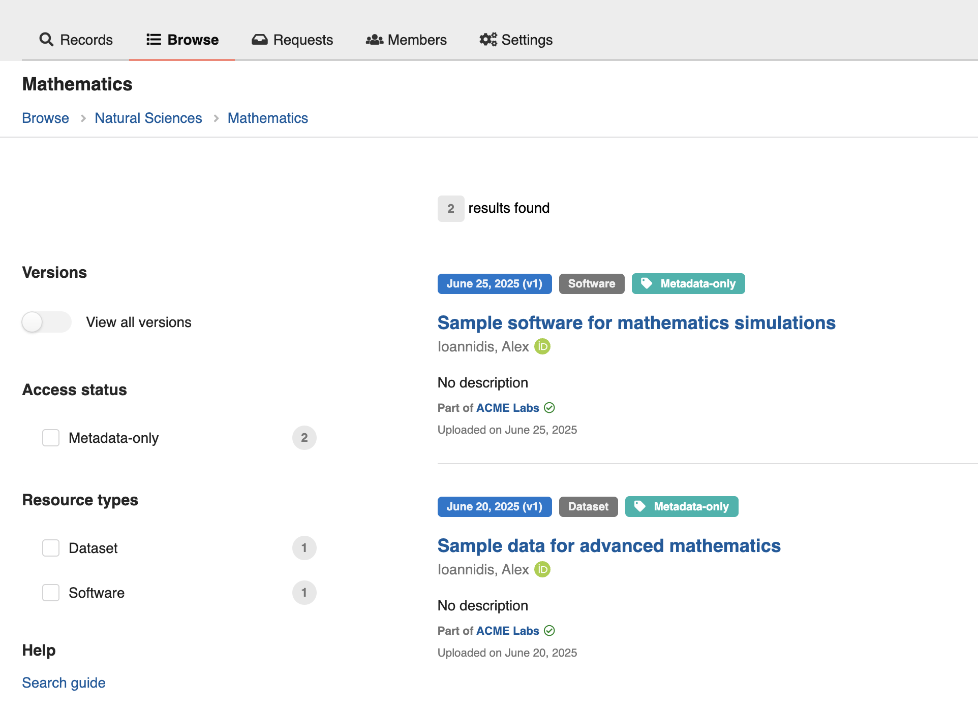 Collection page showing "Mathematics" records with search filters and results