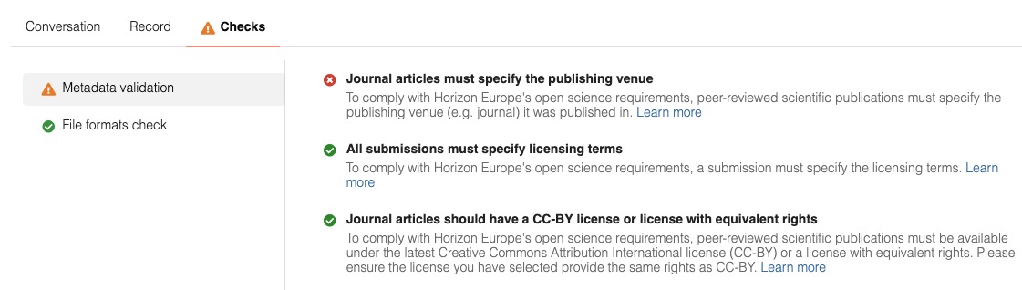 Curation checks enabled in Zenodo