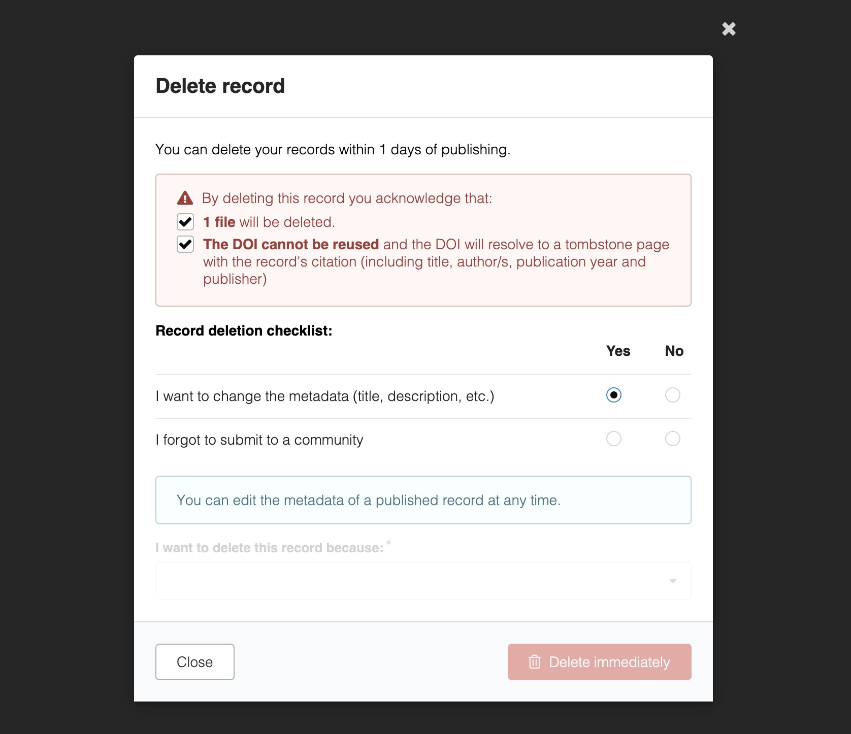 Deletion modal displaying the behaviour of the checklist