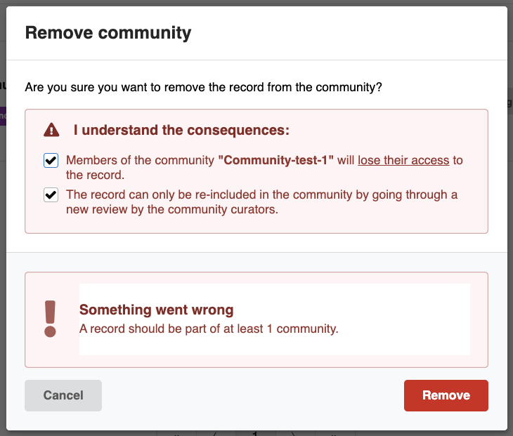 Error message indicating a record must be part of at least one community
