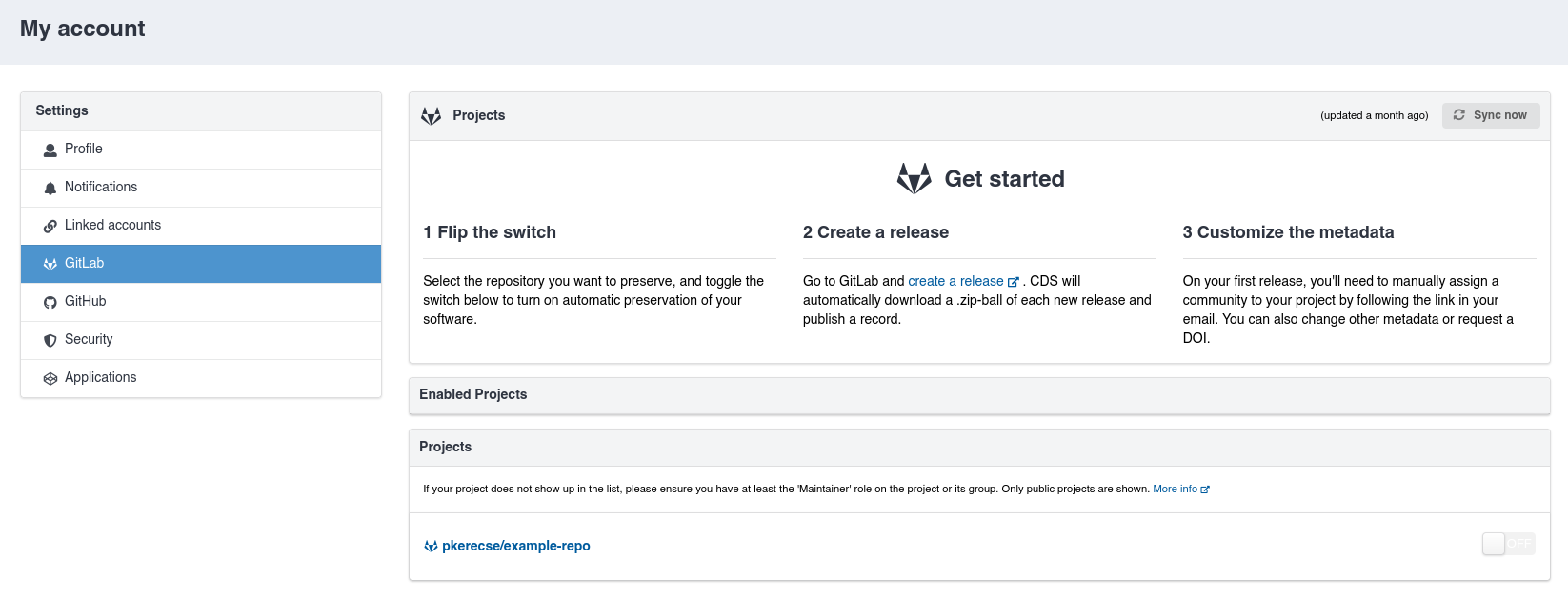 The GitLab menu on the user's account settings page, showing a list of projects