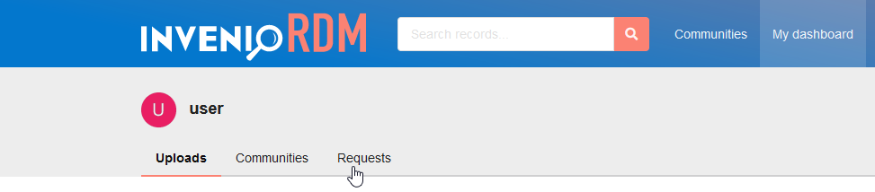 User's personal dashboard with three tabs labeled (left-to-right) "Uploads", "Communities", and "Requests"