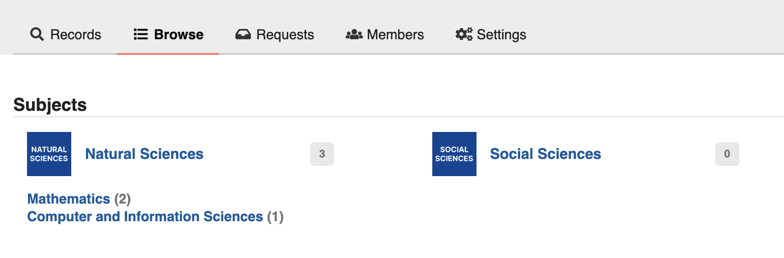 Community "Browse" tab showing hierachical collections based on subjects