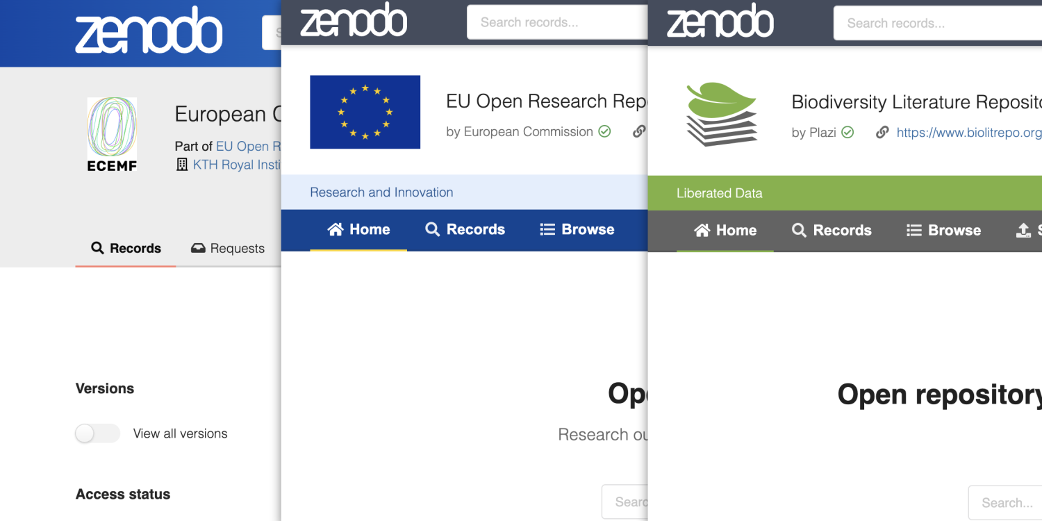 A default community and two themed communities on Zenodo
