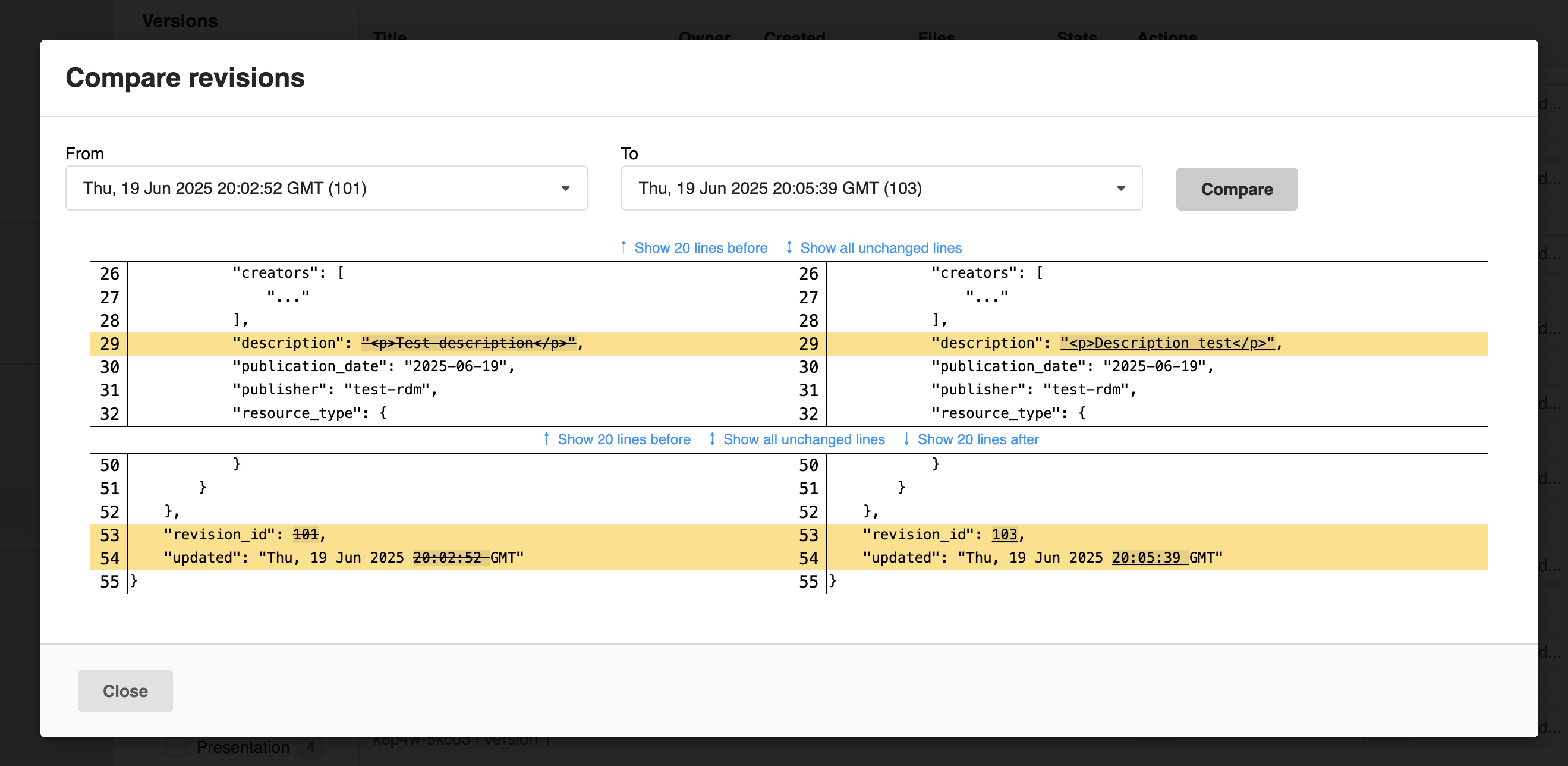 Compare Modal: Diff View