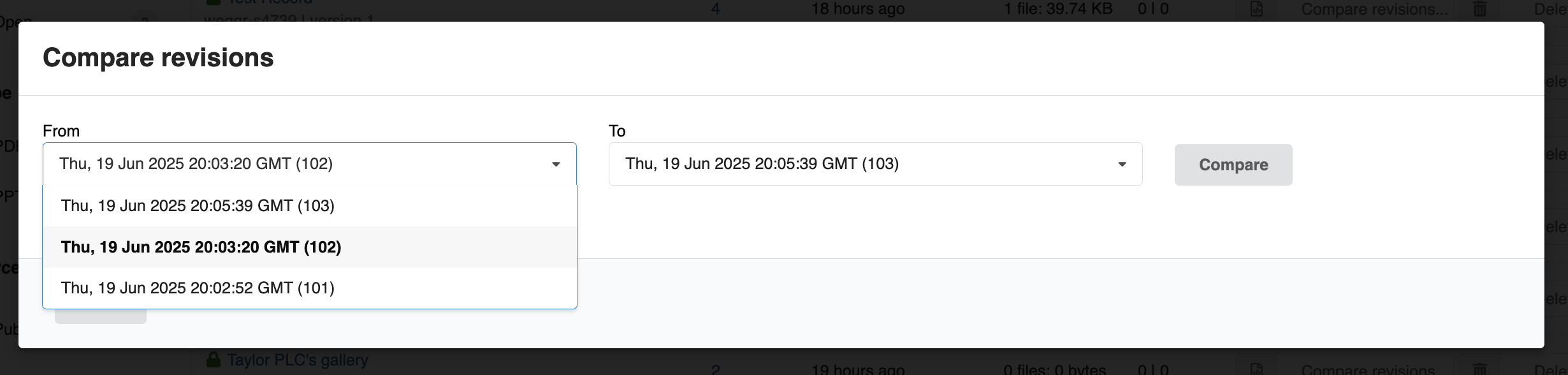 Compare Modal: Version Selection
